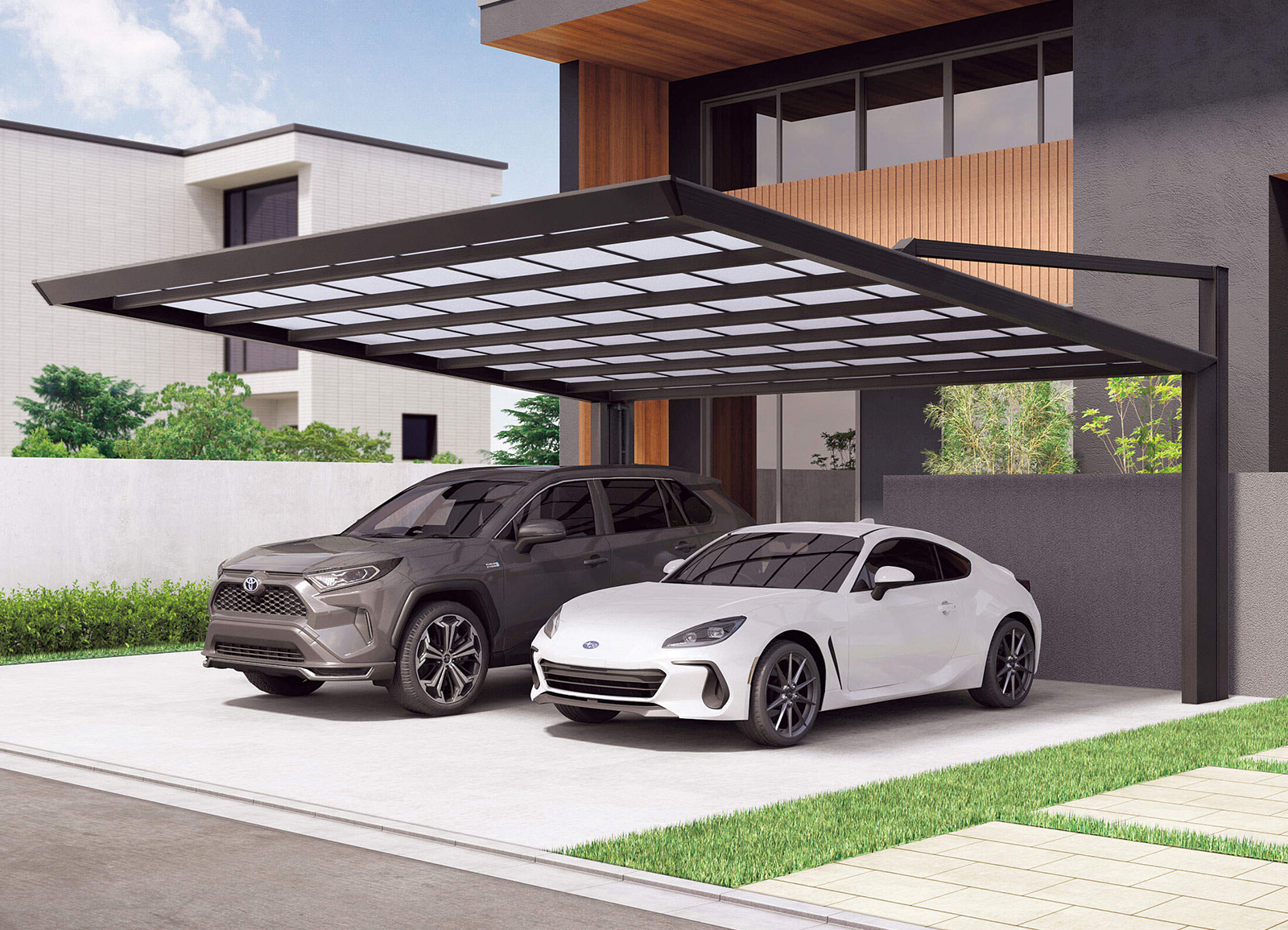 四国化成 マイポート7 ワイドタイプ サイドパネル付 木調タイプ M7-□5759S-○○ 『カーポート 2台用』 四国化成 マイポート7 ワイドタイプ 2台用 | 大阪・三重・愛知・滋賀の